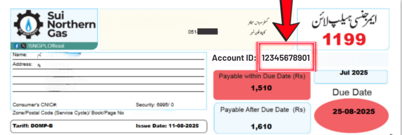 Sample SNGPL bill showing the consumer number area